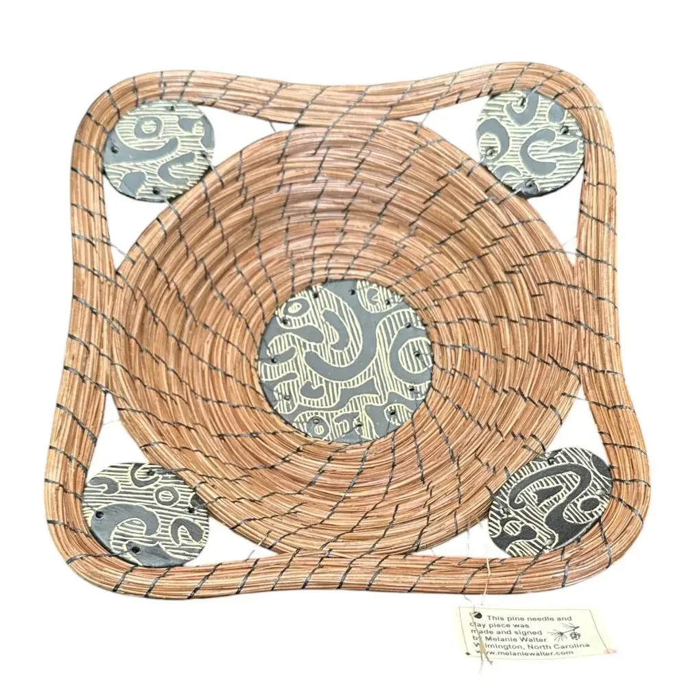 Vintage Handmade Pine needle and  Clay Basket Signed Melanie Walter